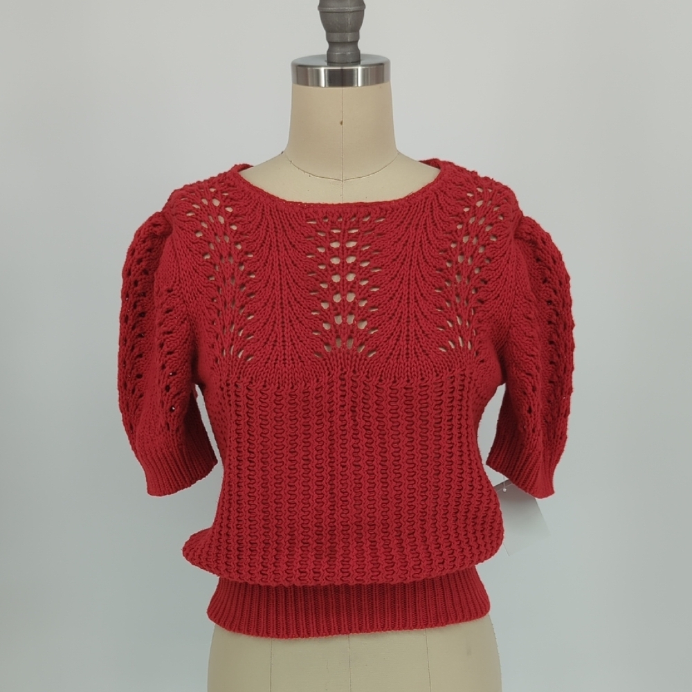00114 Vintage Albee Crochet Knit Sweater Red size Small retro preppy classic